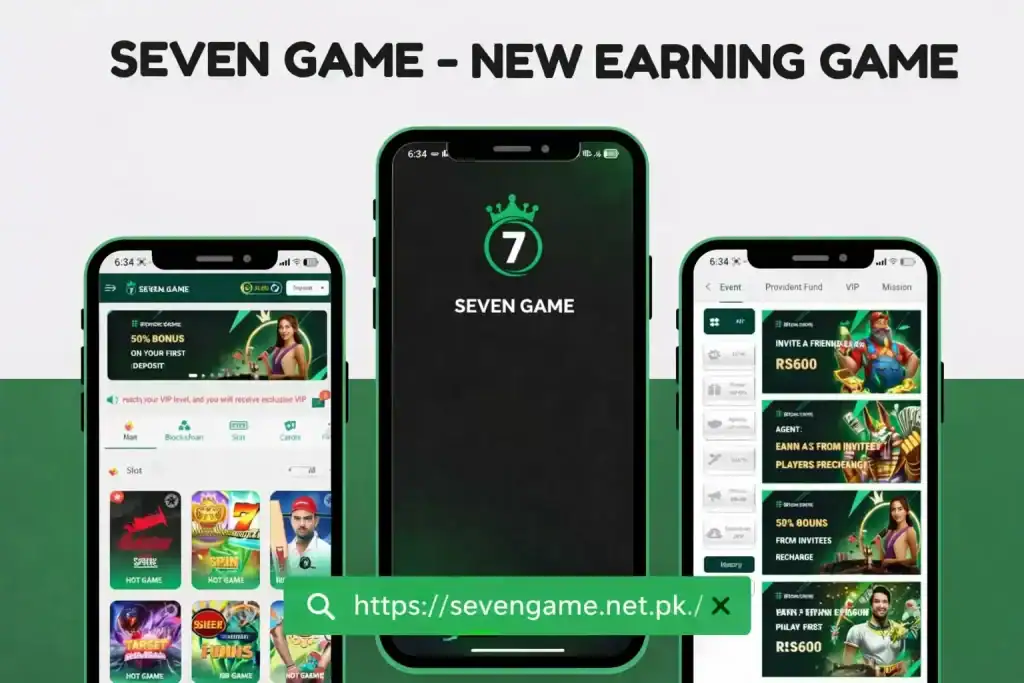 1. Mobile app interface for Seven Game earning platform, online gaming rewards, and bonuses.